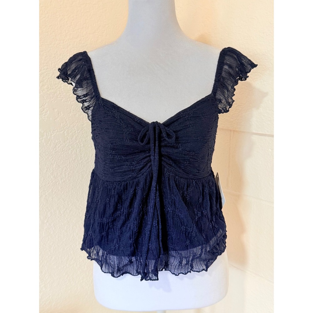 La Peche Babydoll Top Womens Large Navy Blue Ruffle Sleeve Smocked Mesh Peplum